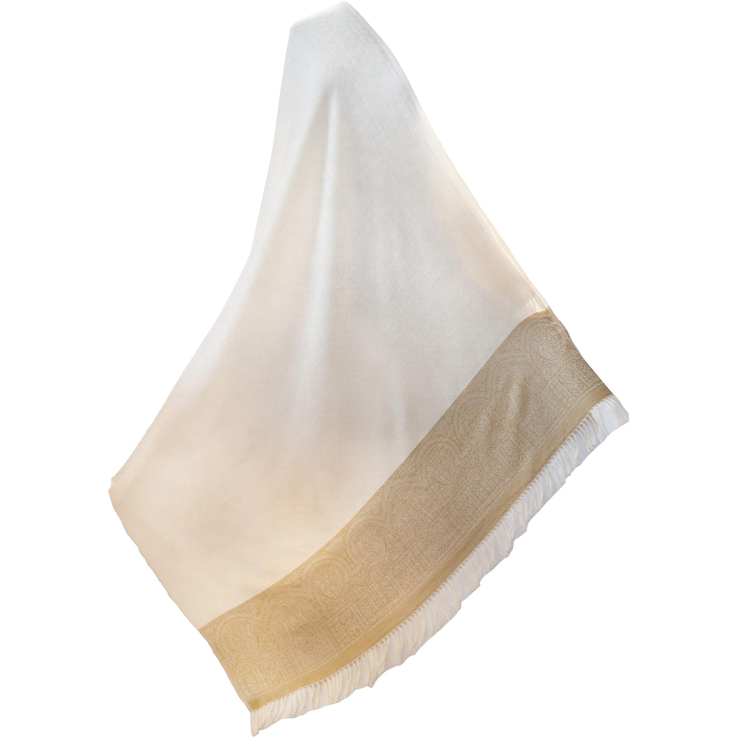 1465 Large Silk Wool Jamavar Shawl White-On-White & Gold Reversible
